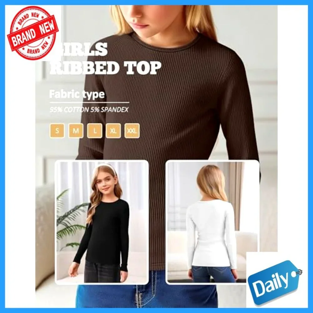 3 Pack Girls Long Sleeve Ribbed Cotton Tees Slim Fit Layering Tops